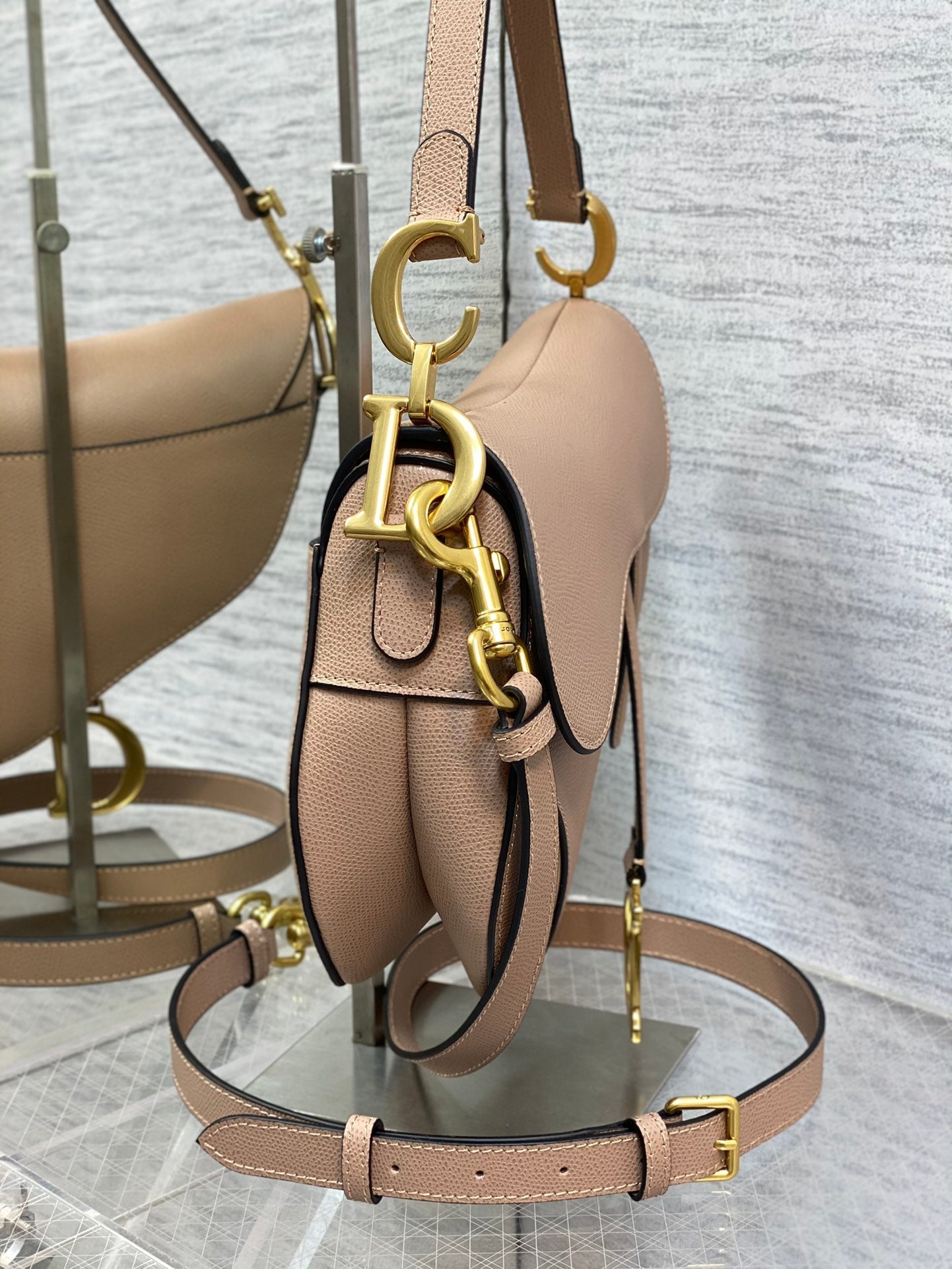 Dior M0455 Saddle Bag with Strap Beige Grained Calfskin