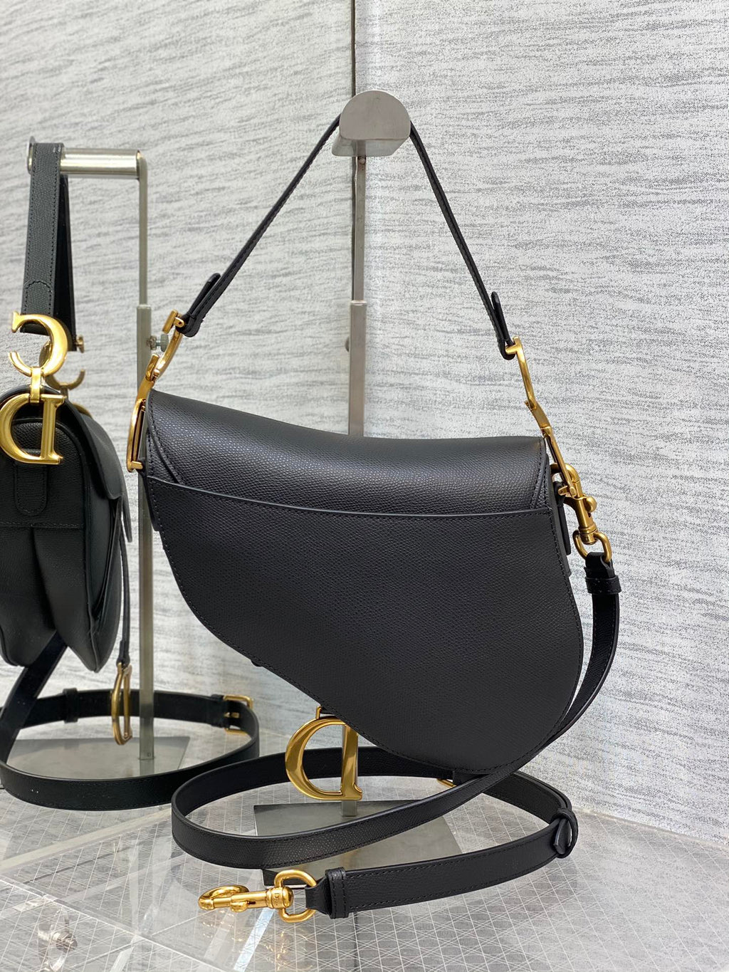 Dior M0455 Saddle Bag with Strap Black Grained Calfskin