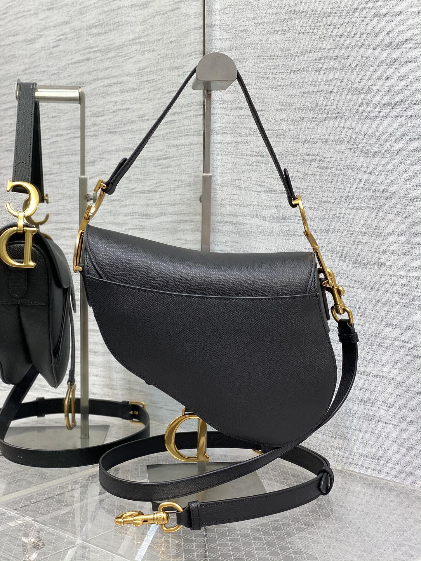 Dior M0455 Saddle Bag with Strap Black Grained Calfskin