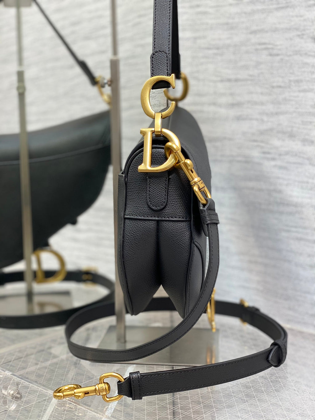 Dior M0455 Saddle Bag with Strap Black Grained Calfskin
