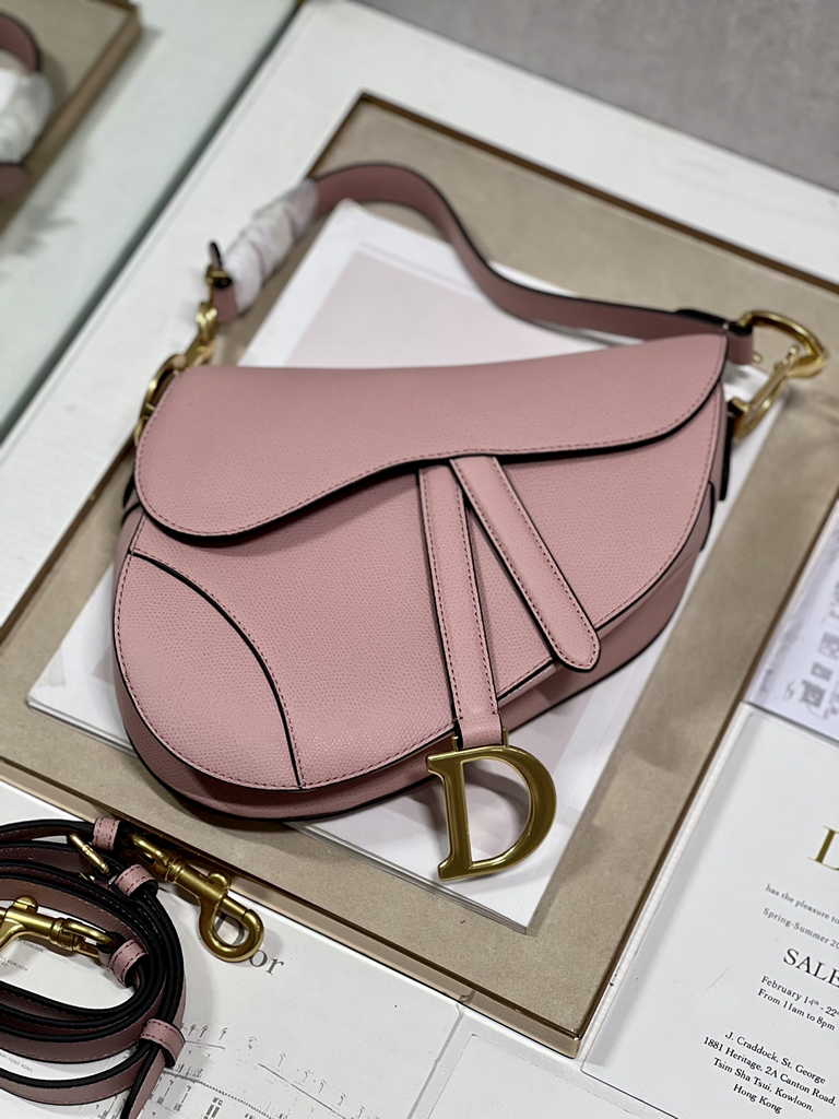 Dior M0455 Saddle Bag with Strap Dark Pink Grained Calfskin