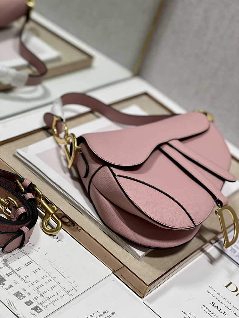 Dior M0455 Saddle Bag with Strap Dark Pink Grained Calfskin