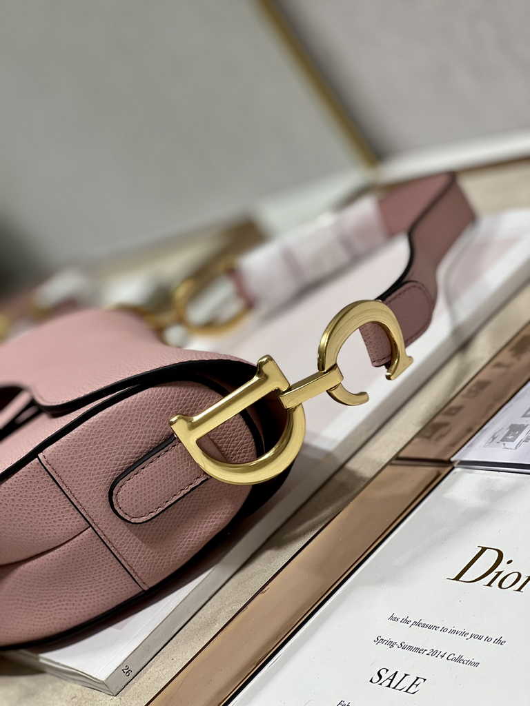 Dior M0455 Saddle Bag with Strap Dark Pink Grained Calfskin