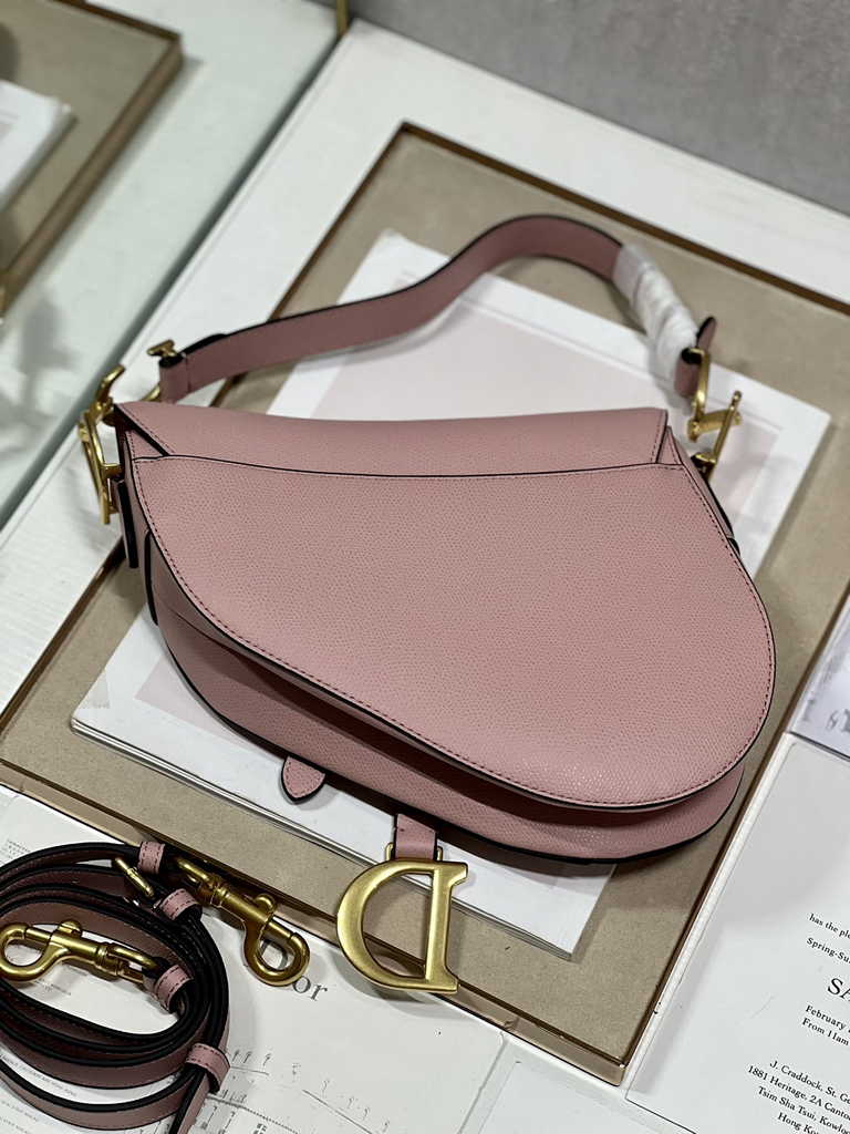 Dior M0455 Saddle Bag with Strap Dark Pink Grained Calfskin