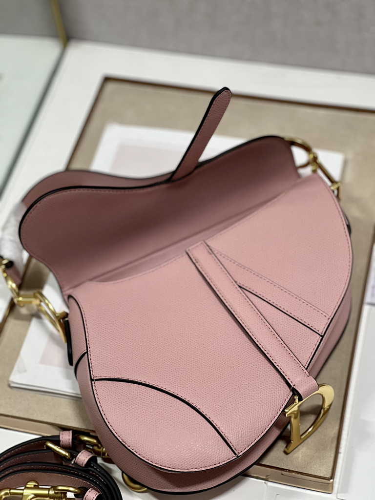 Dior M0455 Saddle Bag with Strap Dark Pink Grained Calfskin