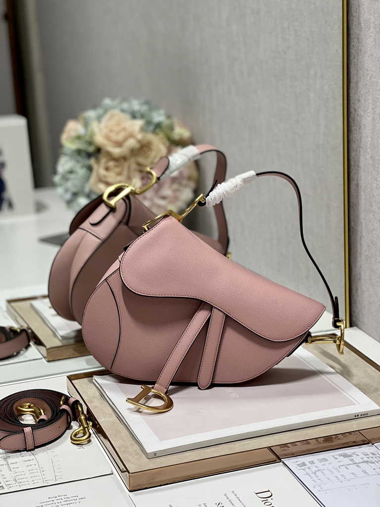 Dior M0455 Saddle Bag with Strap Dark Pink Grained Calfskin