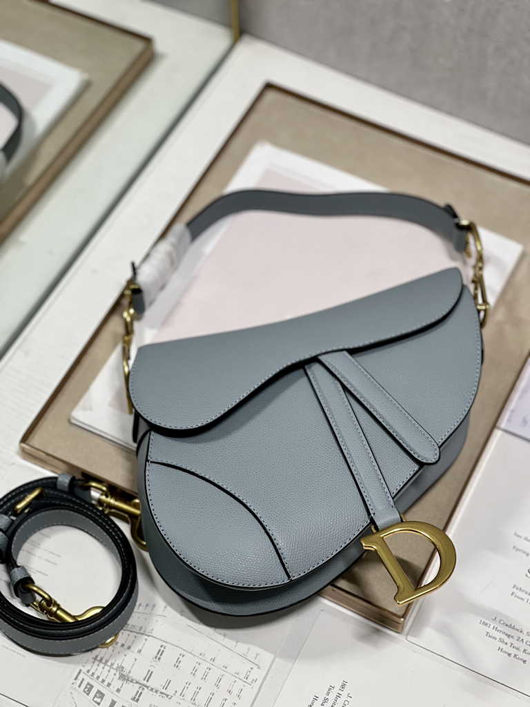 Dior M0455 Saddle Bag with Strap Blue Grained Calfskin