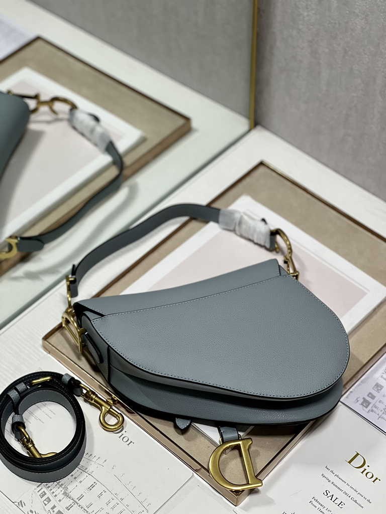Dior M0455 Saddle Bag with Strap Blue Grained Calfskin