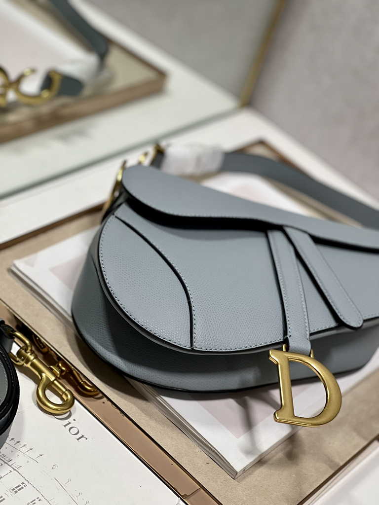 Dior M0455 Saddle Bag with Strap Blue Grained Calfskin