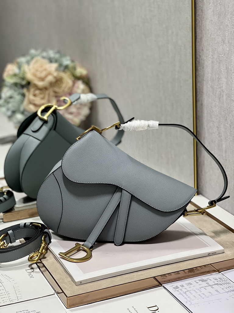 Dior M0455 Saddle Bag with Strap Blue Grained Calfskin