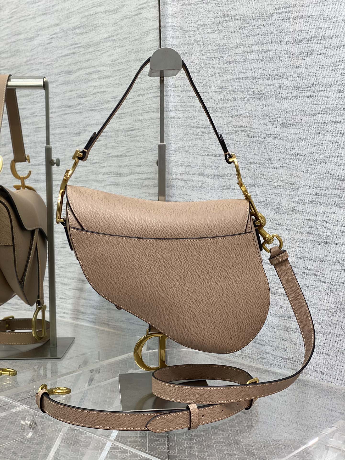 Dior M0455 Saddle Bag with Strap Light Pink Grained Calfskin