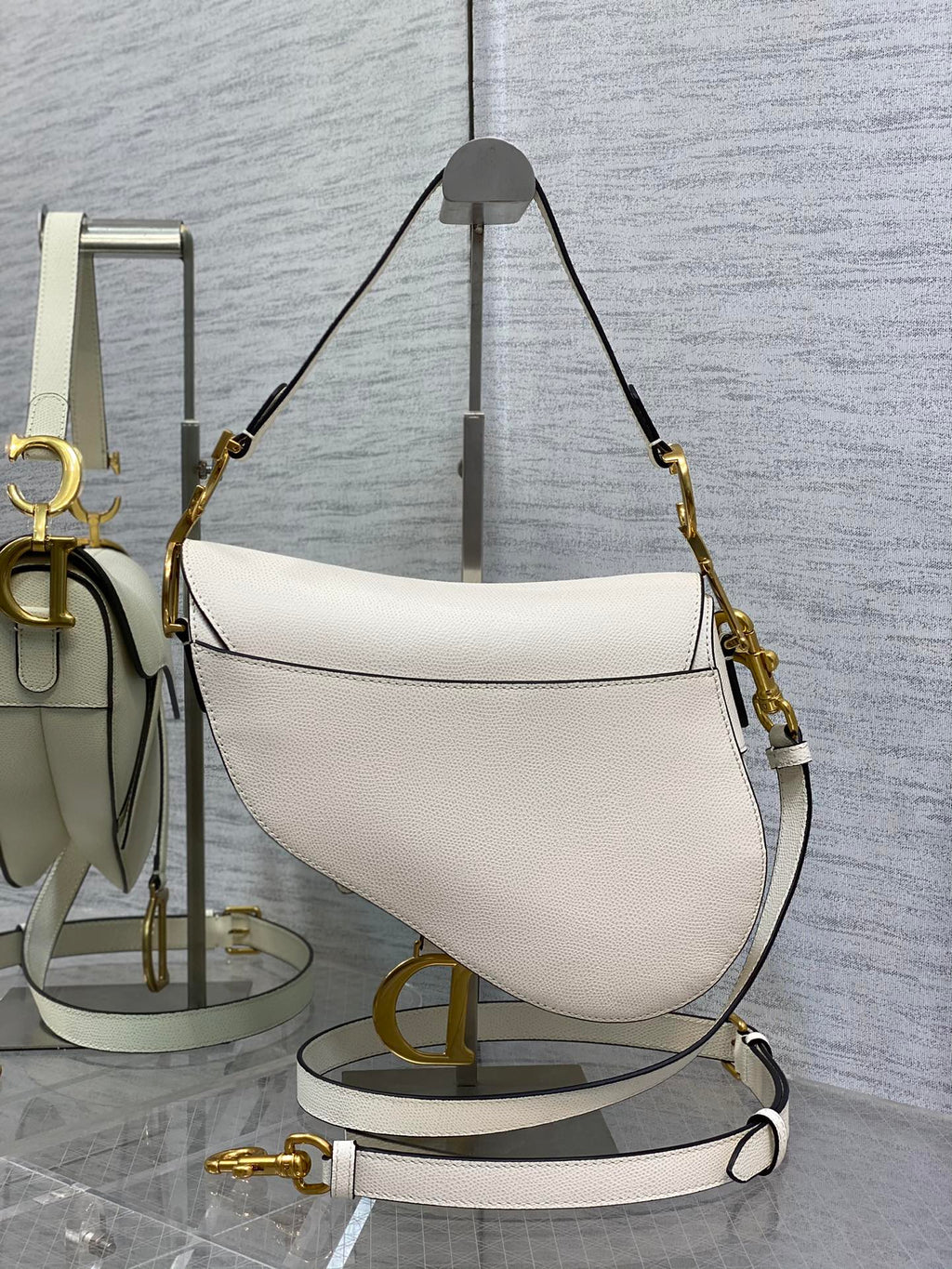 Dior M0455 Saddle Bag with Strap White Grained Calfskin