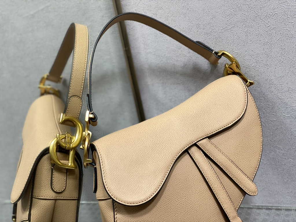 Dior M0455 Saddle Bag with Strap Dark Beige Grained Calfskin