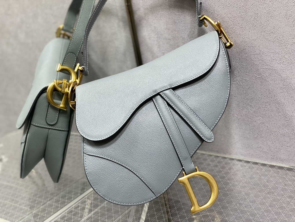 Dior M0455 Saddle Bag with Strap Light Blue Grained Calfskin