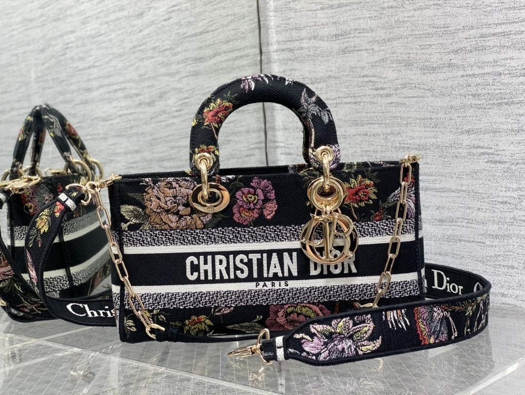 Dior M0540 Medium Lady D-Joy Bag Black Petites Fleurs - Default Title - View 1