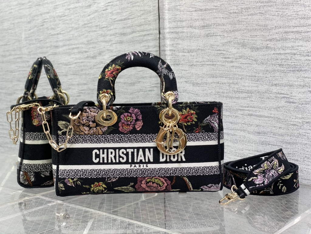 Dior M0540 Medium Lady D-Joy Bag Black Petites Fleurs
