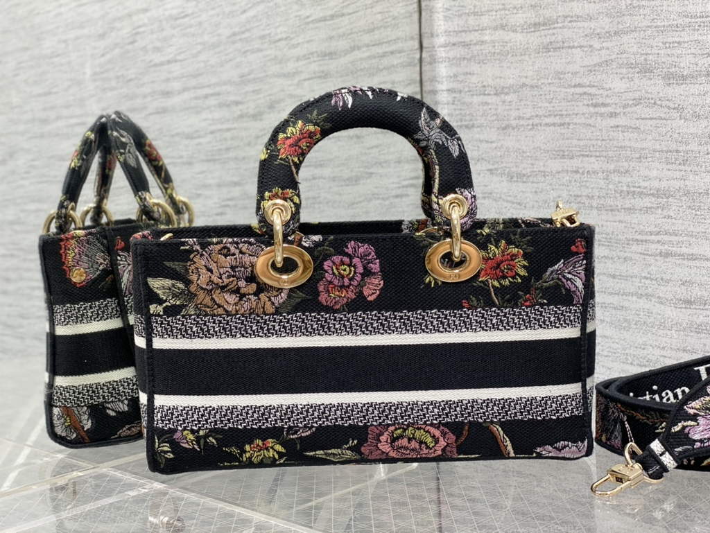 Dior M0540 Medium Lady D-Joy Bag Black Petites Fleurs