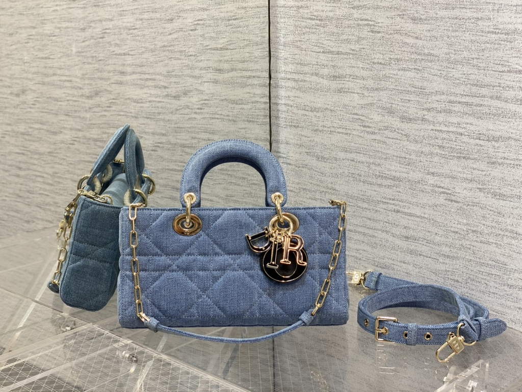 Dior M0540 Medium Lady D-Joy Bag Blue Cannage Raffia