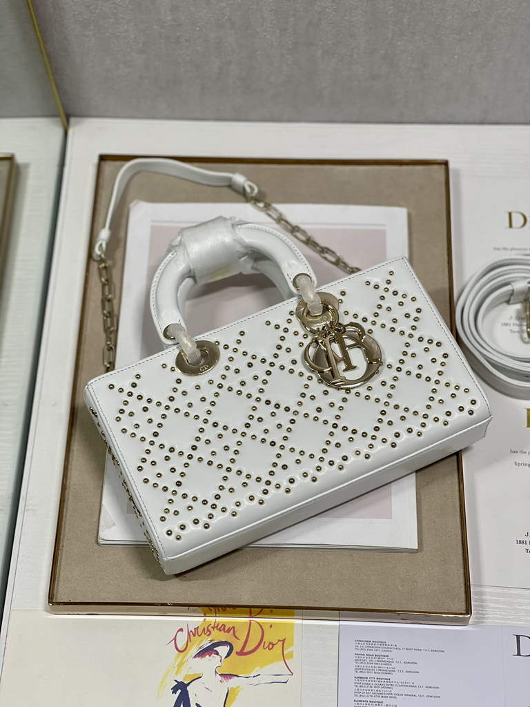 Dior M0540 Medium Lady D-Joy Bag Beige Cannage Studded Lambskin