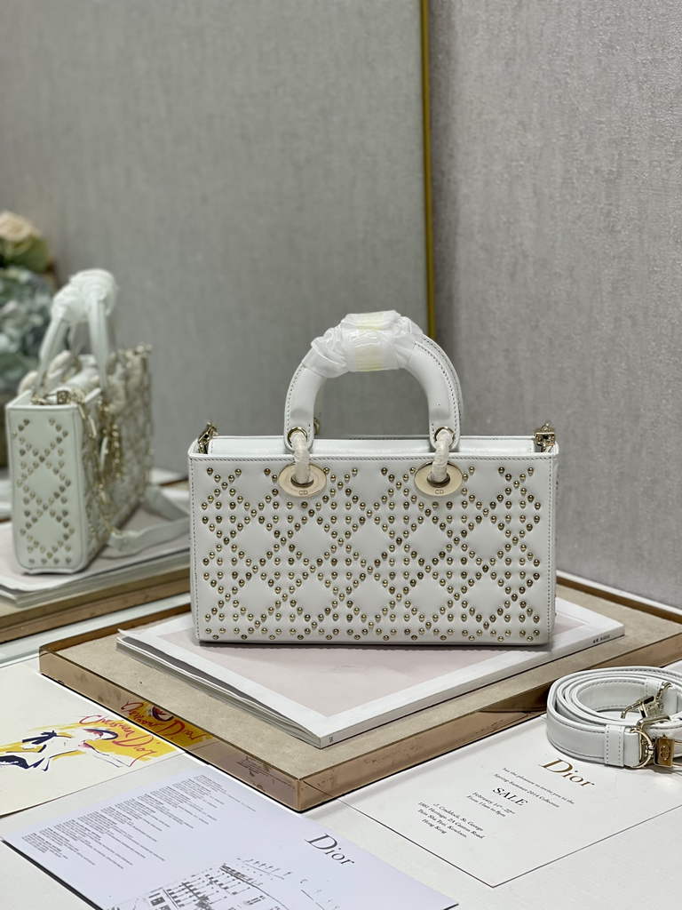 Dior M0540 Medium Lady D-Joy Bag Beige Cannage Studded Lambskin