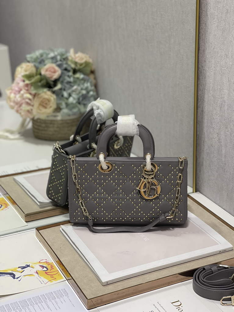Dior M0540 Medium Lady D-Joy Bag Gray Cannage Studded Lambskin - Default Title - View 2