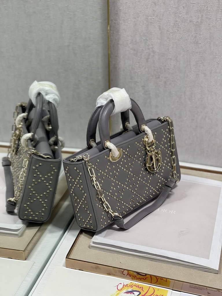 Dior M0540 Medium Lady D-Joy Bag Gray Cannage Studded Lambskin - Default Title - View 3