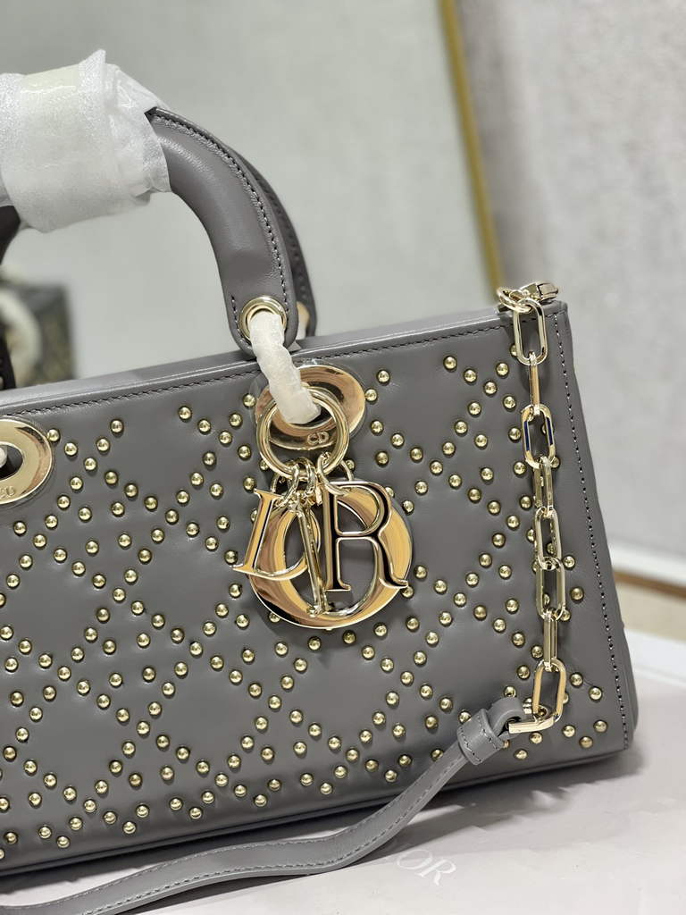 Dior M0540 Medium Lady D-Joy Bag Gray Cannage Studded Lambskin