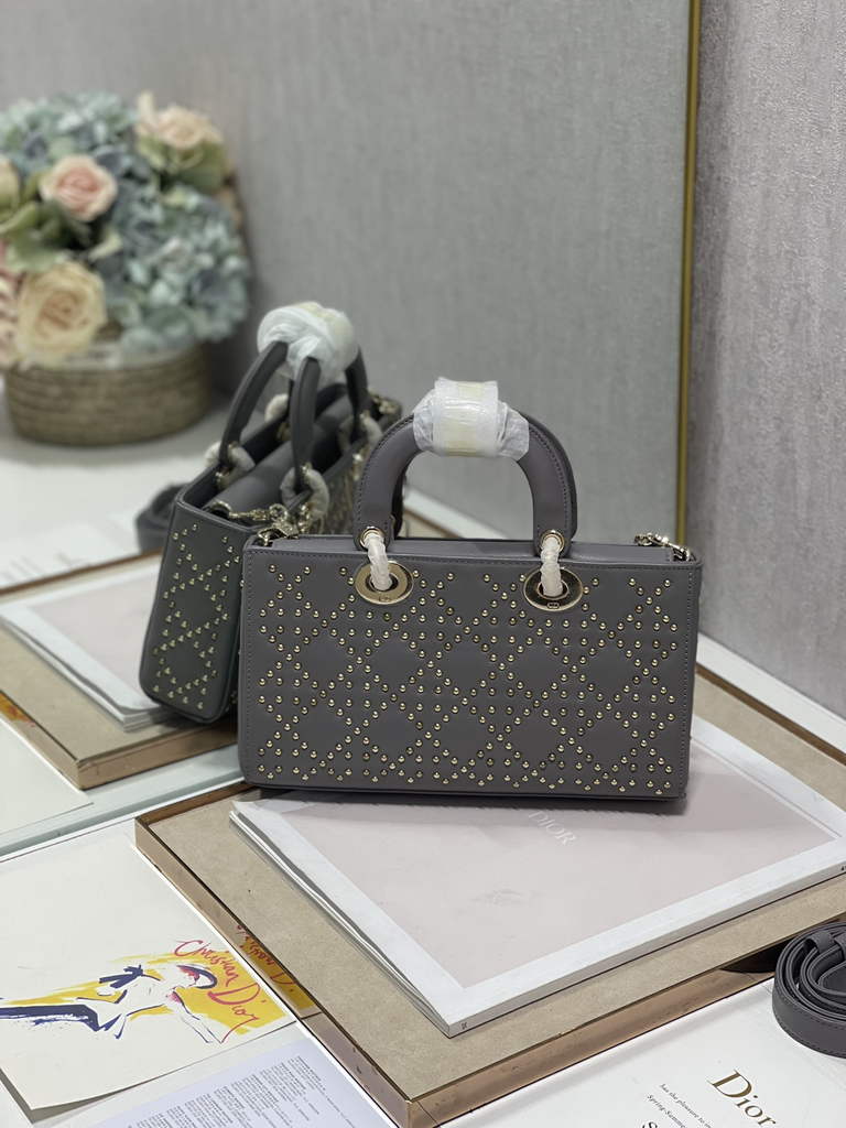 Dior M0540 Medium Lady D-Joy Bag Gray Cannage Studded Lambskin