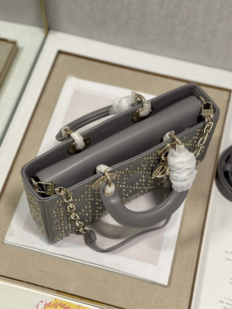 Dior M0540 Medium Lady D-Joy Bag Gray Cannage Studded Lambskin