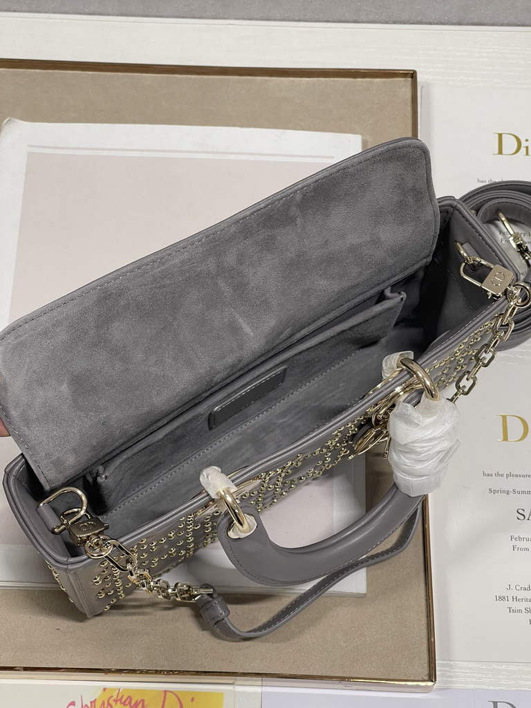 Dior M0540 Medium Lady D-Joy Bag Gray Cannage Studded Lambskin