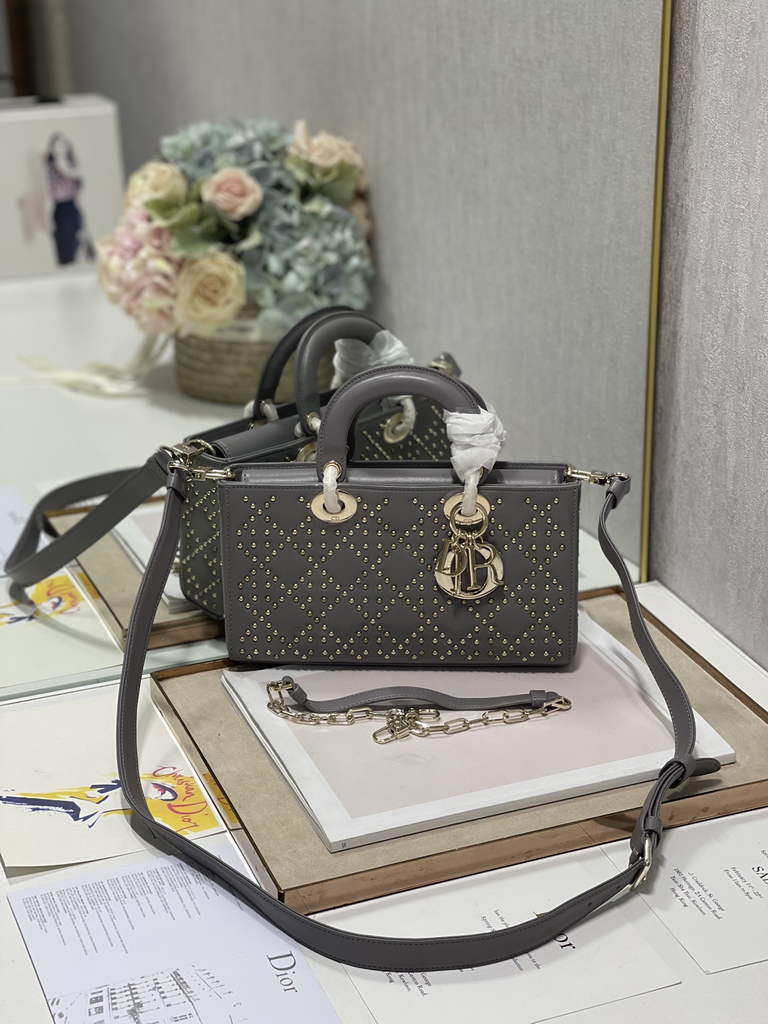 Dior M0540 Medium Lady D-Joy Bag Gray Cannage Studded Lambskin