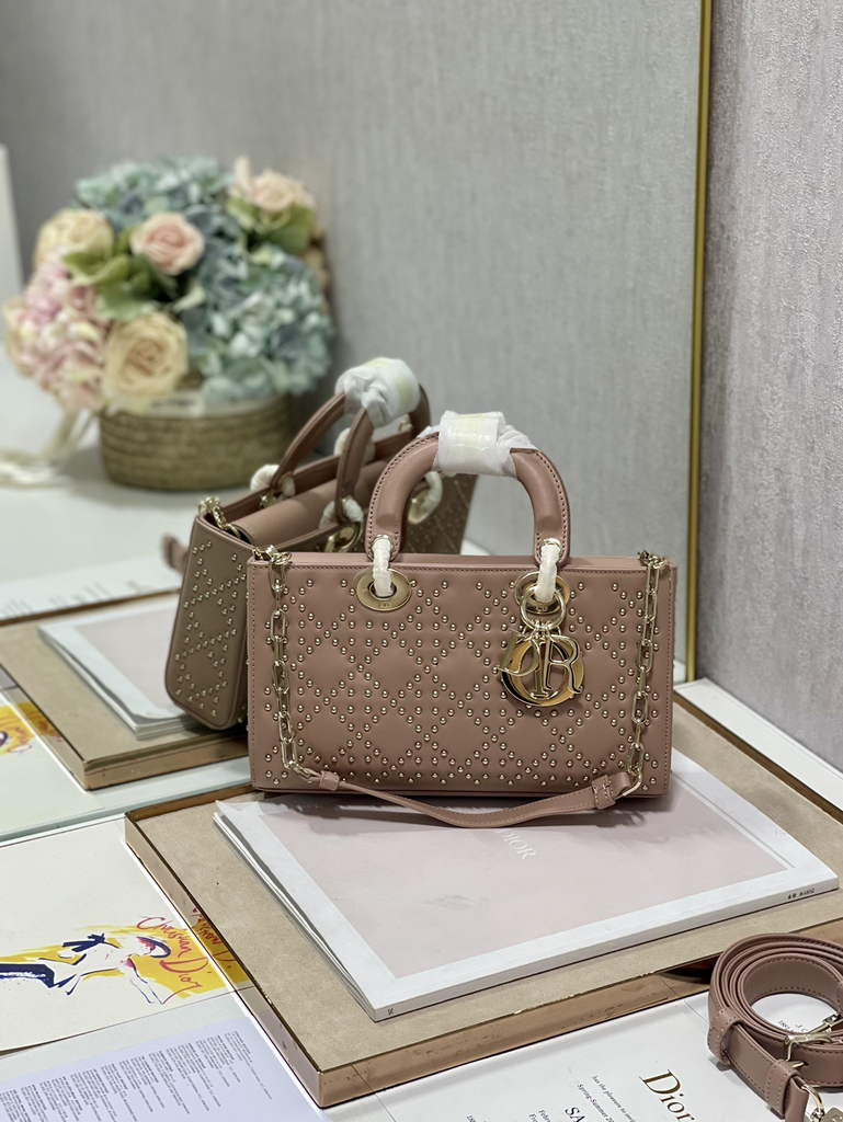 Dior M0540 Medium Lady D-Joy Bag Pink Cannage Studded Lambskin