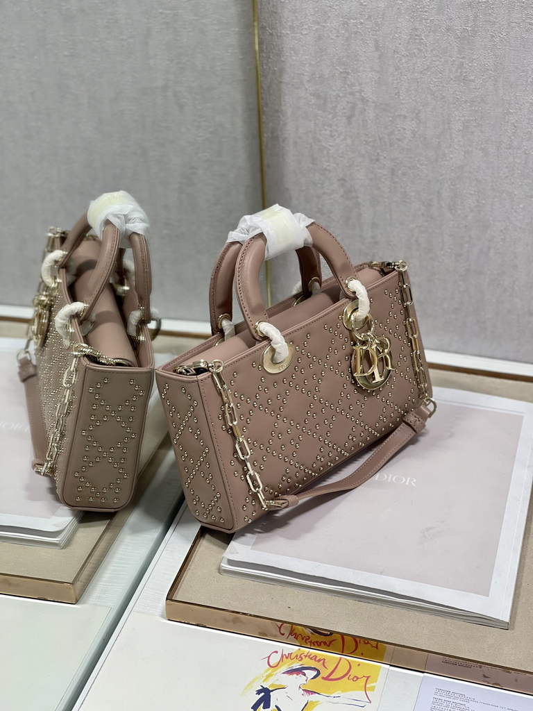 Dior M0540 Medium Lady D-Joy Bag Pink Cannage Studded Lambskin