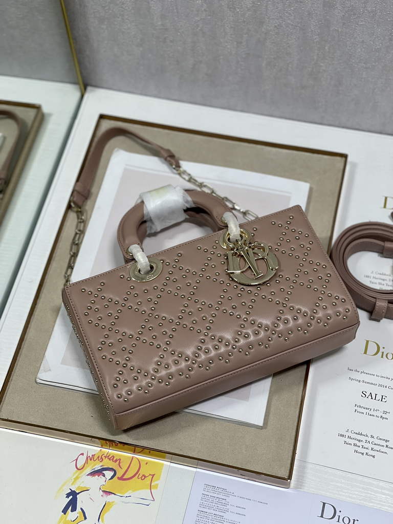 Dior M0540 Medium Lady D-Joy Bag Pink Cannage Studded Lambskin