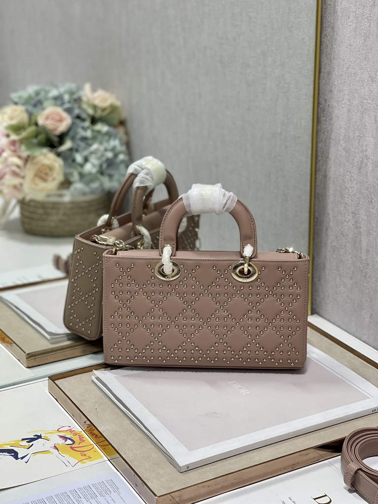 Dior M0540 Medium Lady D-Joy Bag Pink Cannage Studded Lambskin