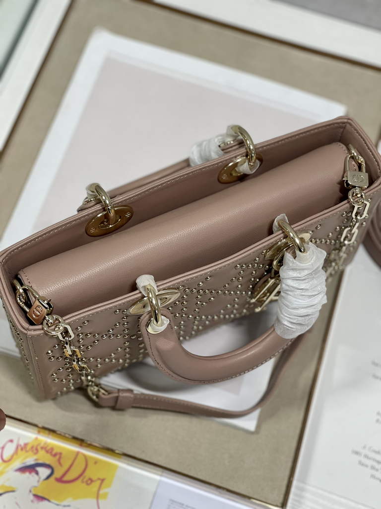 Dior M0540 Medium Lady D-Joy Bag Pink Cannage Studded Lambskin