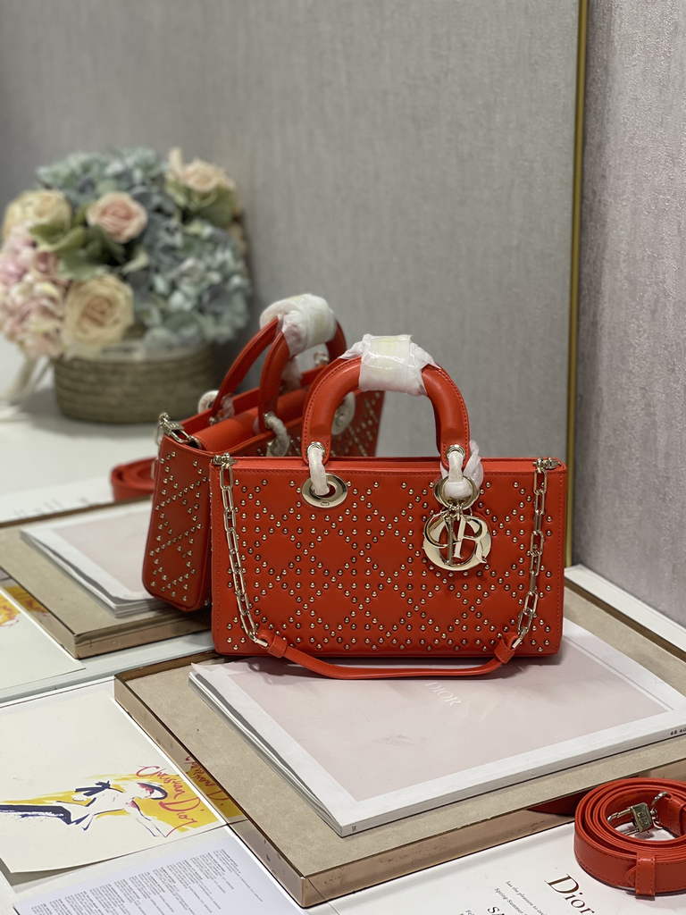 Dior M0540 Medium Lady D-Joy Bag Orange Cannage Studded Lambskin - Default Title - View 2