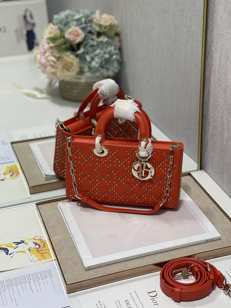 Dior M0540 Medium Lady D-Joy Bag Orange Cannage Studded Lambskin - Default Title - View 3