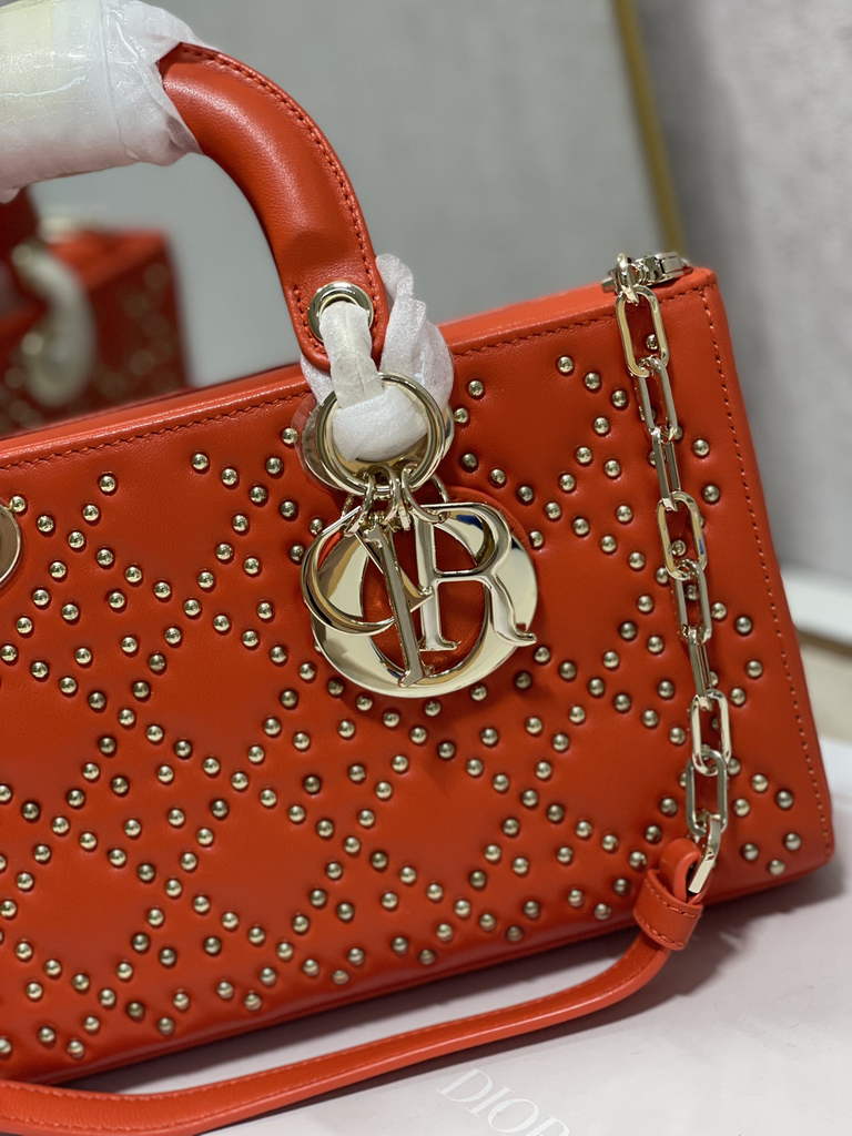 Dior M0540 Medium Lady D-Joy Bag Orange Cannage Studded Lambskin