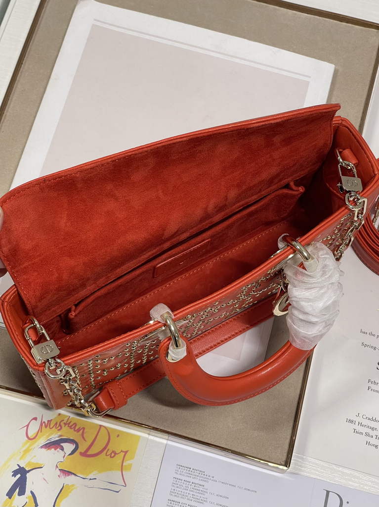 Dior M0540 Medium Lady D-Joy Bag Orange Cannage Studded Lambskin