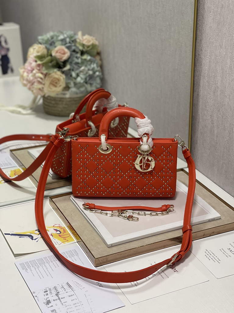 Dior M0540 Medium Lady D-Joy Bag Orange Cannage Studded Lambskin - Default Title - View 1