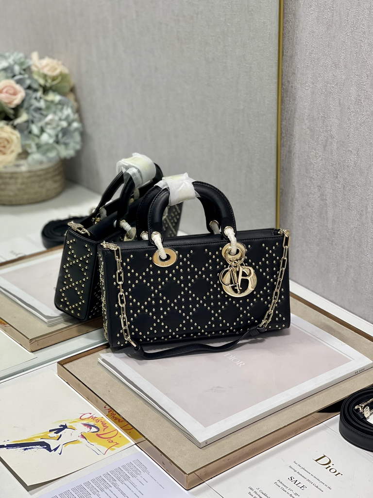 Dior M0540 Medium Lady D-Joy Bag Black Cannage Studded Lambskin
