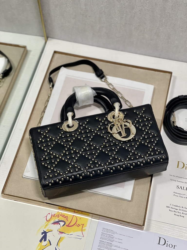 Dior M0540 Medium Lady D-Joy Bag Black Cannage Studded Lambskin