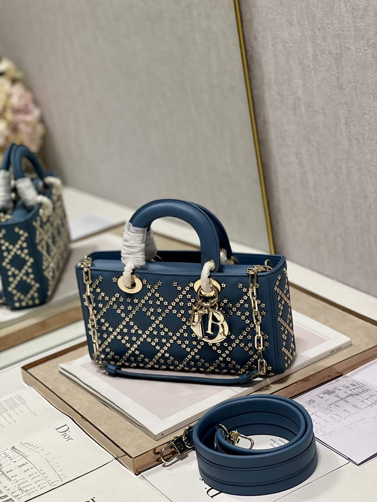 Dior M0540 Medium Lady D-Joy Bag Blue Lucky Star Cannage Lambskin