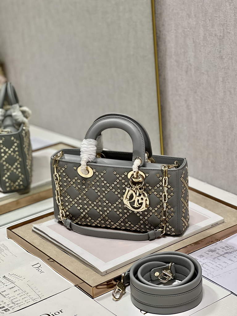 Dior M0540 Medium Lady D-Joy Bag Gray Lucky Star Cannage Lambskin