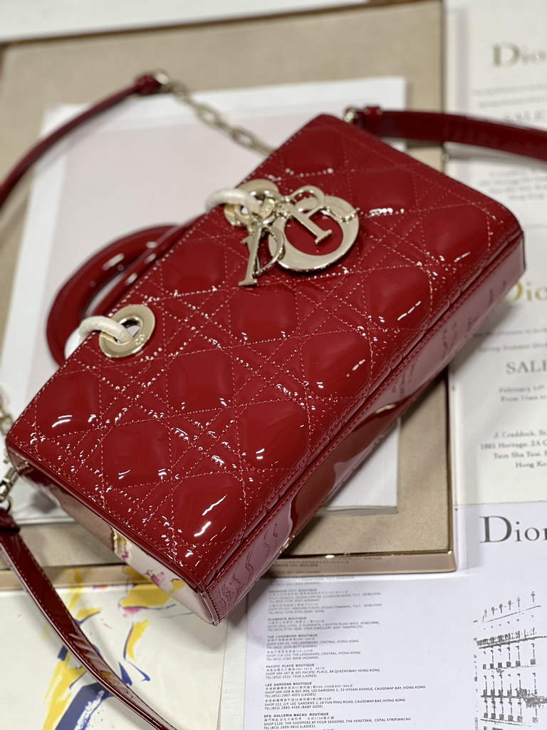 Dior M0540 Medium Lady D-Joy Bag Red Patent Cannage Calfskin