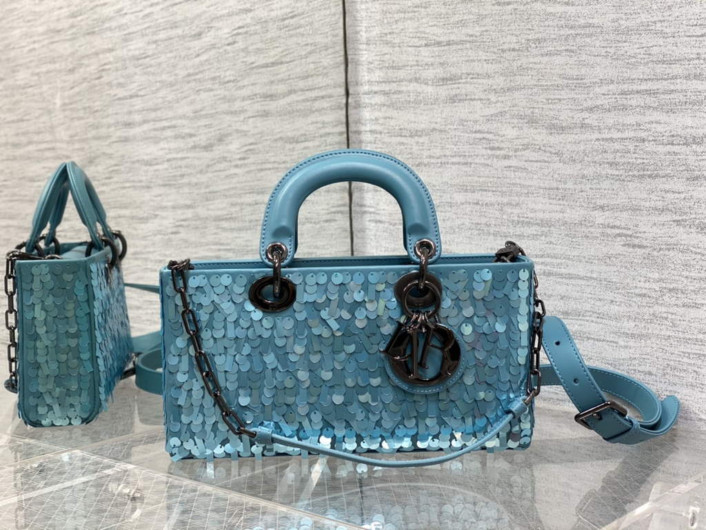 Dior M0540 Medium Lady D-Joy Bag Blue Sequinned Lambskin 