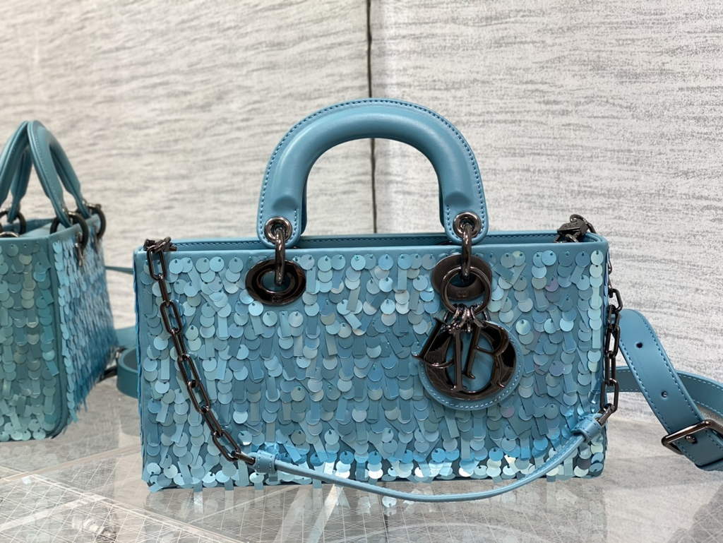 Dior M0540 Medium Lady D-Joy Bag Blue Sequinned Lambskin 