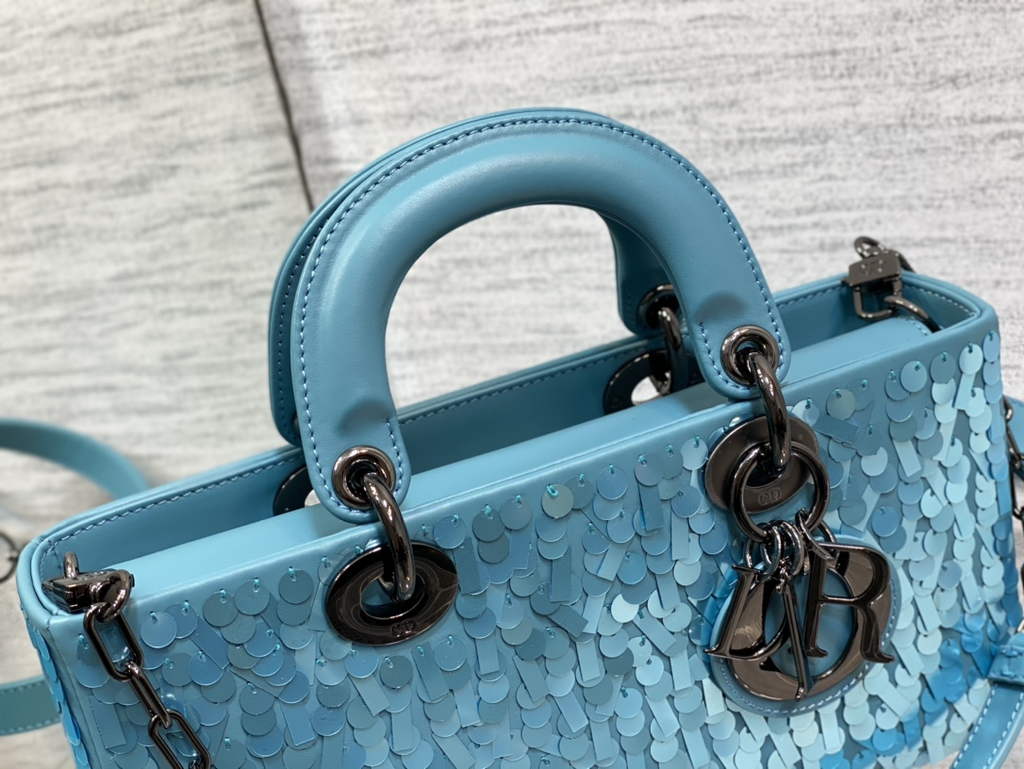 Dior M0540 Medium Lady D-Joy Bag Blue Sequinned Lambskin  - Default Title - View 4