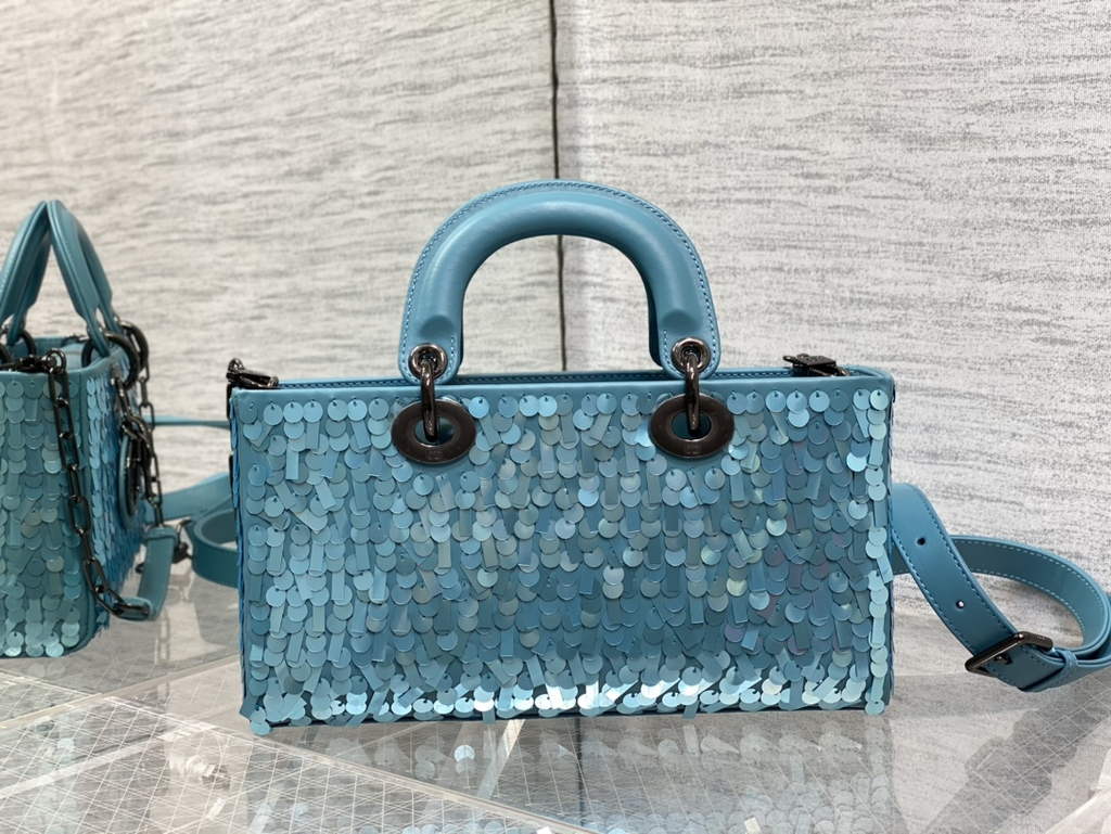 Dior M0540 Medium Lady D-Joy Bag Blue Sequinned Lambskin 